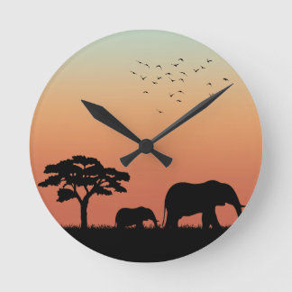 African Safari Sunset Elephant Silhouette Rund Klocka