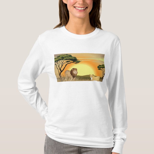African Safari Sunset Lion and Lioness T Shirt (Framsida)