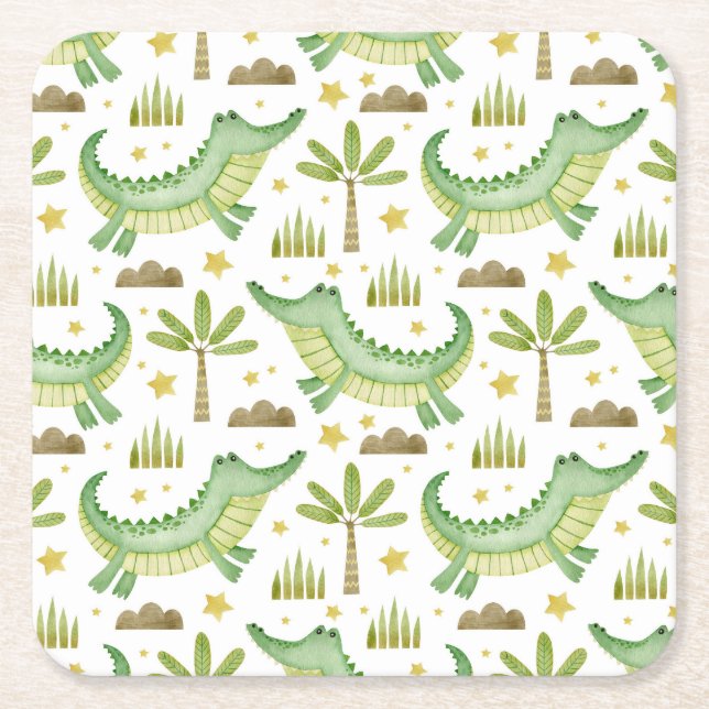 African Safari: Watercolor Crokodile & Handflatan  Underlägg Papper Kvadrat (Framsidan)