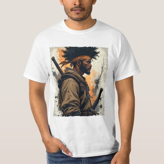 African Samurai Afro American Bushido Warrior Kata T Shirt (Framsida)