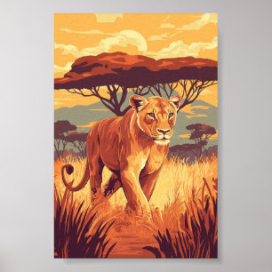 African Savannah Lejon - Wildlife Sunset Art Poster