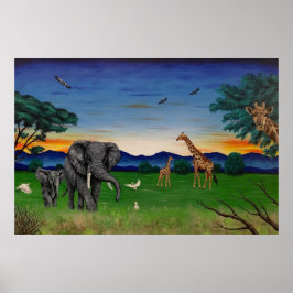 "African Sunset" Elephant Giraffe Art Poster utskr