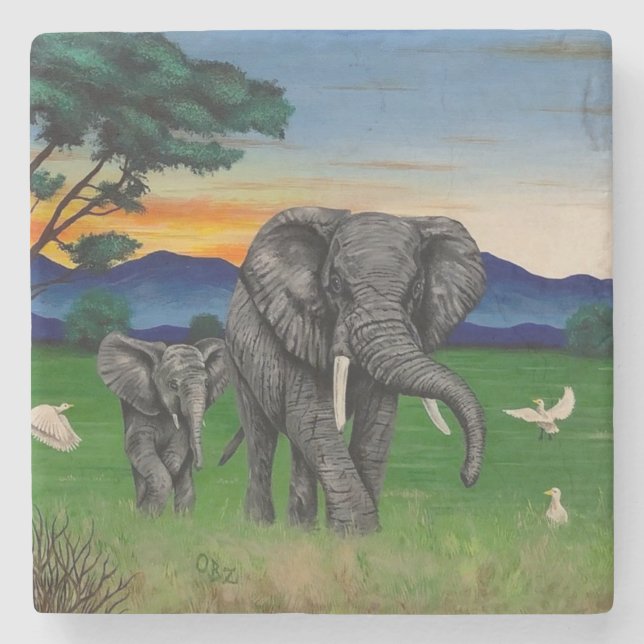 "African Sunset" Elephants Mountains Underlägg (Framsidan)