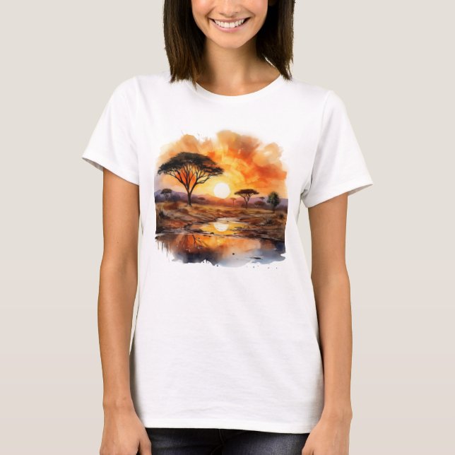 African Sunset med Acacia Träd T Shirt (Framsida)