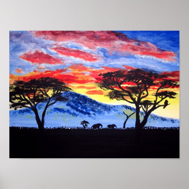 African Sunset Safari Animal Silhouette Painting Poster (Framsidan)
