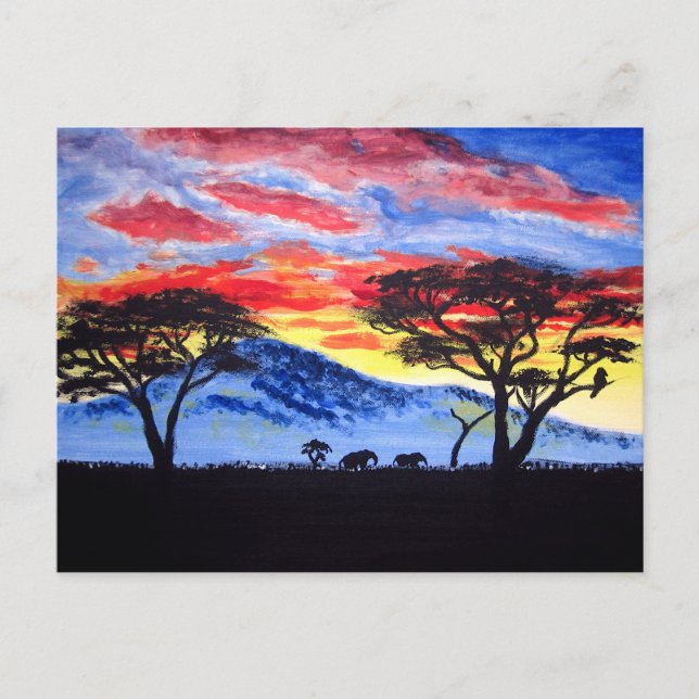 African Sunset Safari Animal Silhouette Painting Vykort (Framsida)