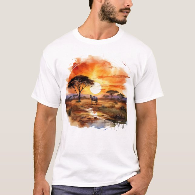 African Sunset Zebra Wildlife Art - Savannah Lands T Shirt (Framsida)