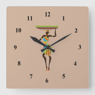 African Tribal Lady with basket tribal art Fyrkantig Klocka