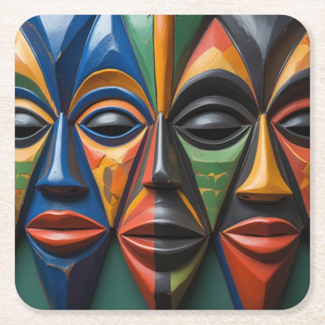 African  Tribal Masks Trio Dynamic  Symmetry  Underlägg Papper Kvadrat (Framsidan)