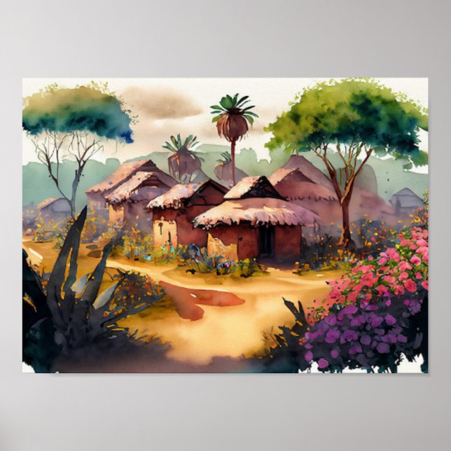 African Village Watercolor Digital Art Poster (Framsidan)