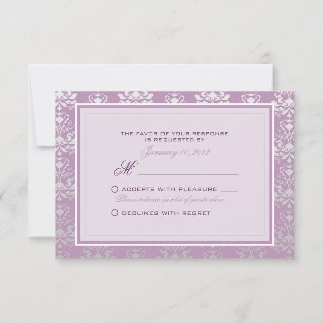 African Violet & Silver Damask Wedding OSA Anpassn Kort (Framsida)