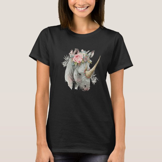 African Watercolor Rhinozeros Flower Crown Safari  T Shirt (Framsida)