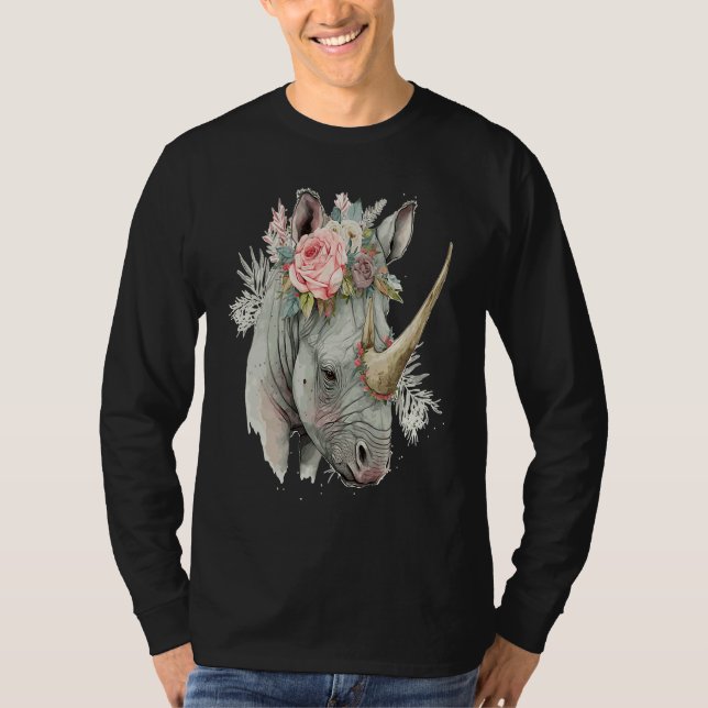 African Watercolor Rhinozeros Flower Crown Safari  T Shirt (Framsida)