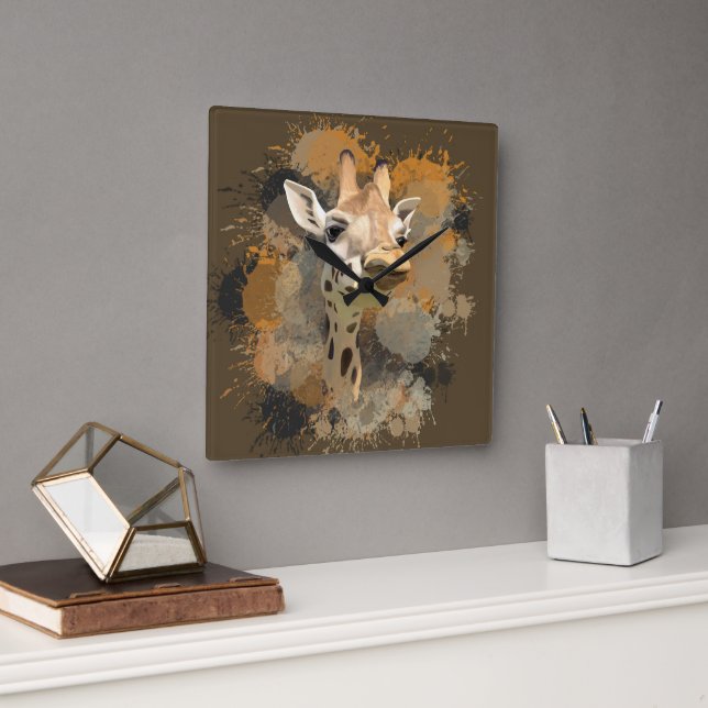 African Wildlife Giraffe Abstrakt Paint Splatter Fyrkantig Klocka (Kontor)
