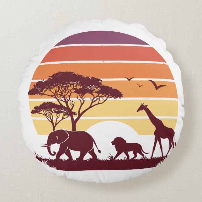 African Wildlife Silhouette Safari Design Rund Kudde (Framsidan)