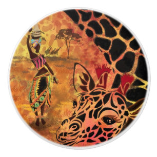 African Woman and Giraffe Ceramic Knob Knopp