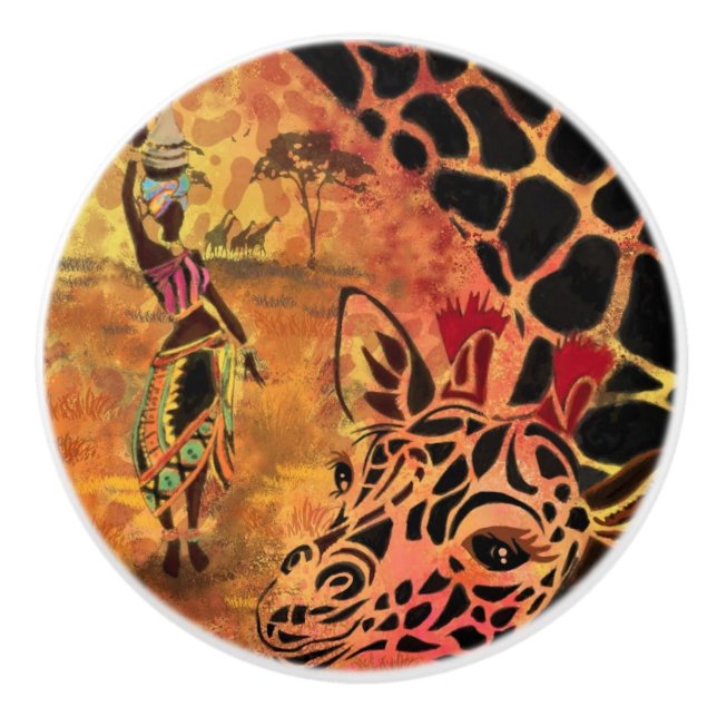 African Woman and Giraffe Ceramic Knob Knopp (Framsidan)