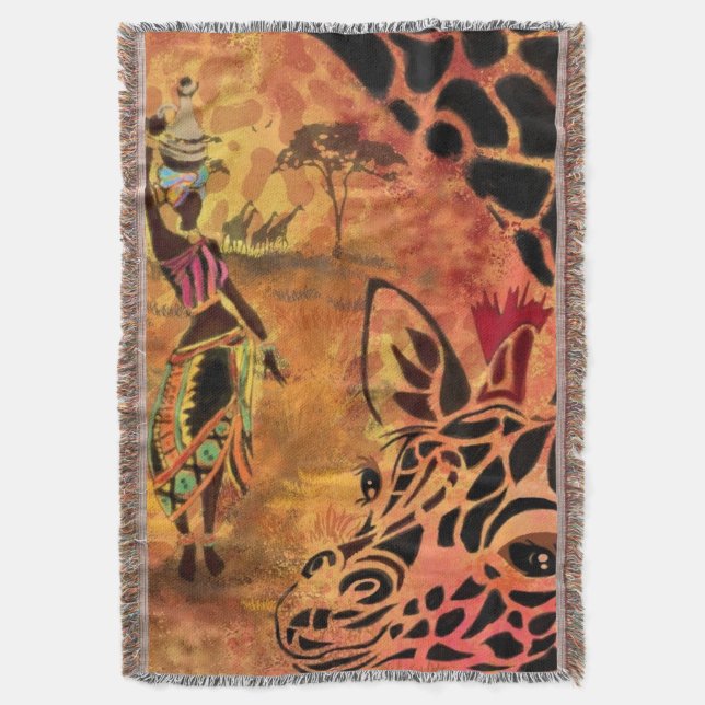African Woman and Giraffe Throw Blanket Filt (Framsidan Vertikal)