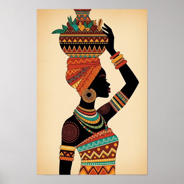 African Woman Carrying Pot Tribal Art Poster (Framsidan)