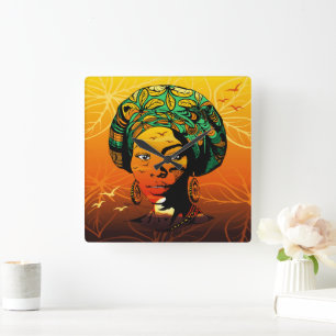 African Woman Porträtt med Sunset Fyrkantig Klocka