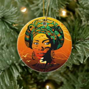 African Woman Porträtt med Sunset Julgransprydnad Keramik