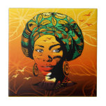African Woman Porträtt med Sunset Kakelplatta<br><div class="desc">Min design har en stiliserad porträtt av en vacker afrikansk kvinna som bär ett färgstarkt huvudskrot. Huvudet är försett med grönt och gult löv mönster. Hennes ansikte är fyllt med en solnedlagd silhuett, komplett med fåglar som flyger över himmel och ett landskap med träd. Hon bär stora, ornerade örhängen och...</div>