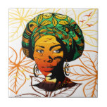 African Woman Porträtt med Sunset Kakelplatta<br><div class="desc">Min design har en stiliserad porträtt av en vacker afrikansk kvinna som bär ett färgstarkt huvudskrot. Huvudet är försett med grönt och gult löv mönster. Hennes ansikte är fyllt med en solnedlagd silhuett, komplett med fåglar som flyger över himmel och ett landskap med träd. Hon bär stora, ornerade örhängen och...</div>