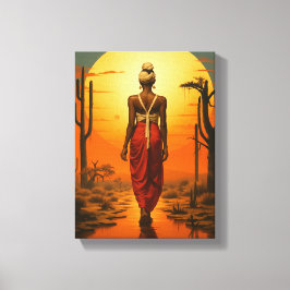 African Woman Walking in Desert Sunset liggande Canvastryck