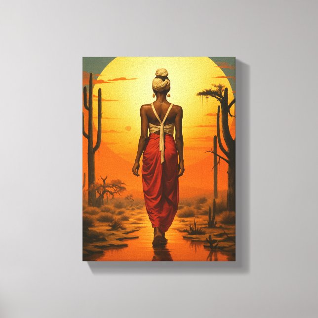 African Woman Walking in Desert Sunset liggande Canvastryck (Framsida)