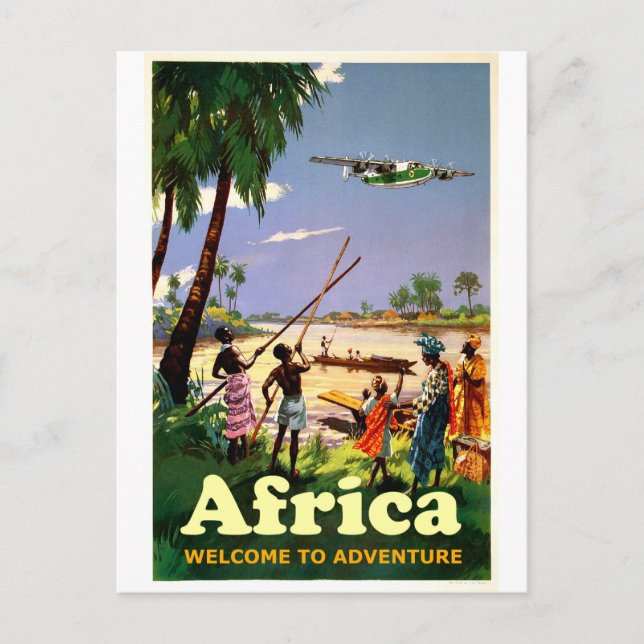 Afrika, afrikansk stam som tittar på kommande flyg vykort (Framsida)
