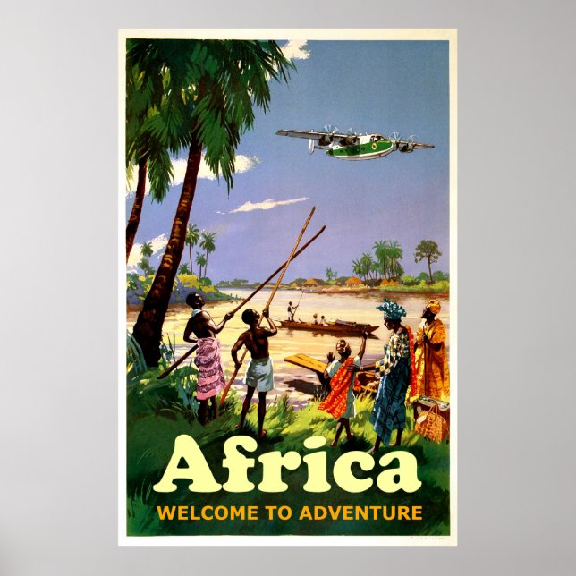 Afrika, afrikansk stam tittar vid flygplanet poster (Framsidan)