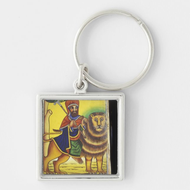 Afrika, Etiopien. Konstverk föreställande Lejonet  Fyrkantig Silverfärgad Nyckelring (Framsidan)