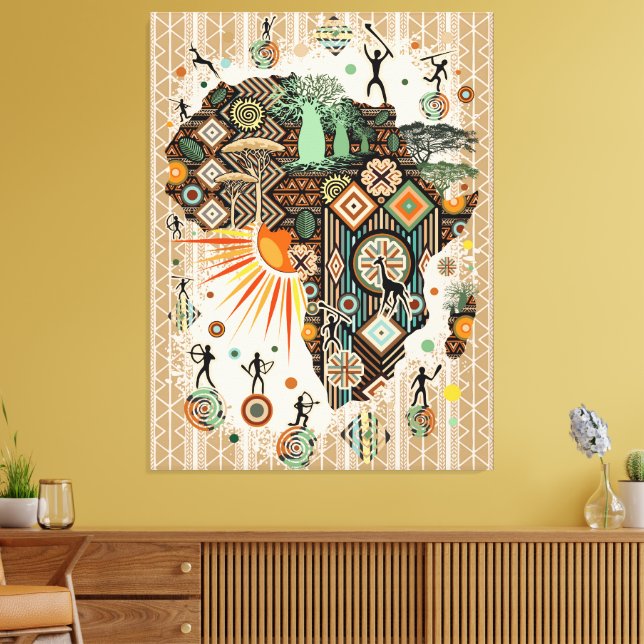 Afrika Kart Dekorativa Tribala Element Mönster Canvastryck (Insitu (Vardagsrum))