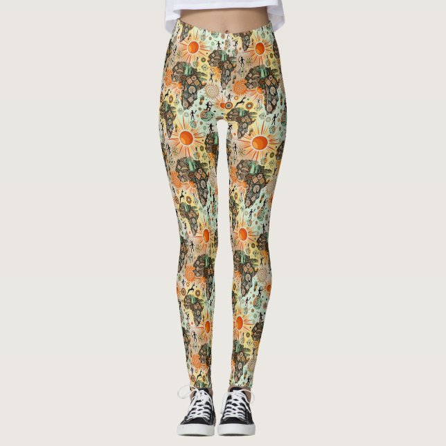 Afrika Kart Dekorativa Tribala Element Mönster Leggings (Framsida)