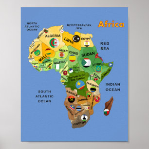 Afrika Karta med Flaggor-teckning Poster