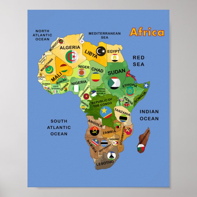 Afrika Karta med Flaggor-teckning Poster (Framsidan)
