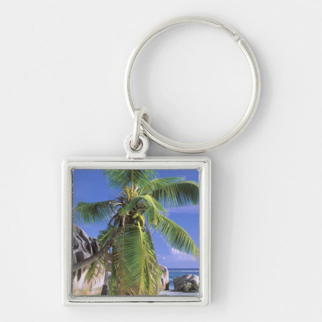 Afrika, Seychellerna, La Digue Island. Granit 2 Fyrkantig Silverfärgad Nyckelring (Framsidan)
