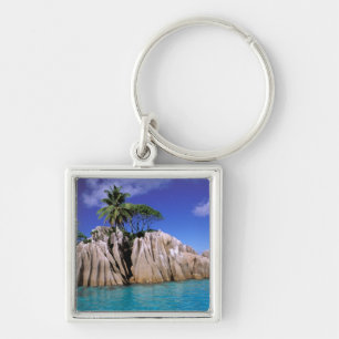 Afrika, Seychellerna, La Digue Island. Granit Fyrkantig Silverfärgad Nyckelring