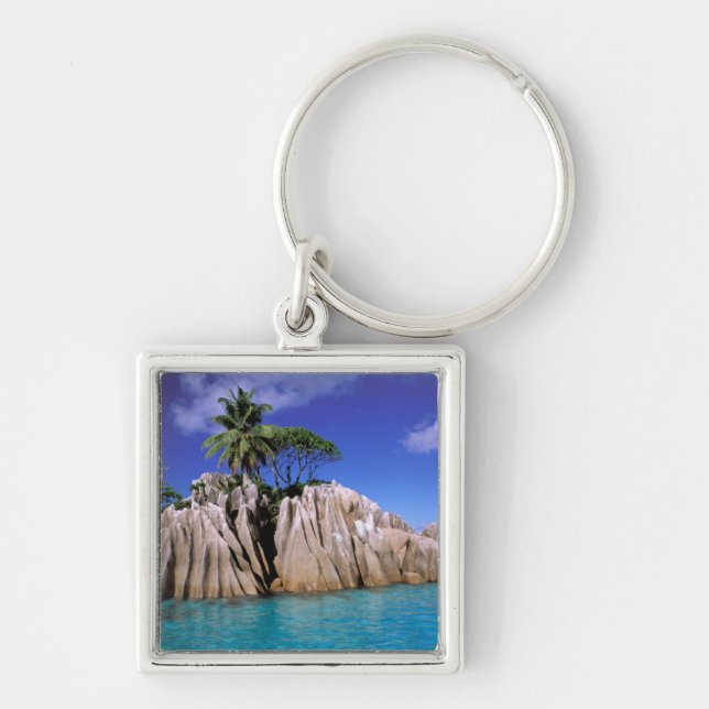 Afrika, Seychellerna, La Digue Island. Granit Fyrkantig Silverfärgad Nyckelring (Framsidan)