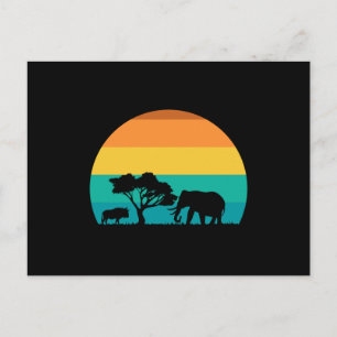 Afrika Solnedgång med elefant och Gnu Retro Vykort