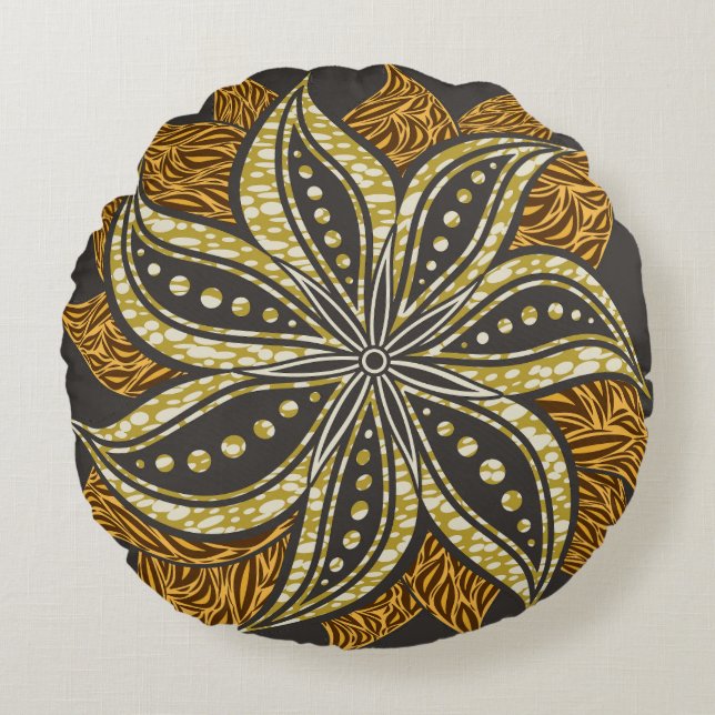 Afrikansk Abstrakt Blommigt Batik Stil Rund Kudde (Framsidan)