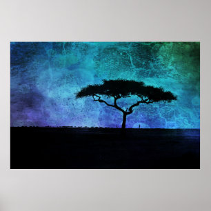 Afrikansk Acacia Träd landskap i blått och Lila Poster