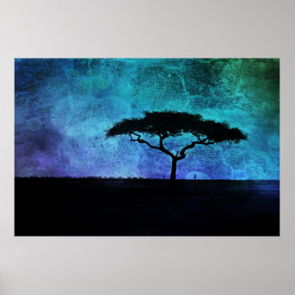 Afrikansk Acacia Träd landskap i blått och Lila Poster