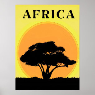 Afrikansk Acacia Träd mot en solnedgång i Orangen Poster