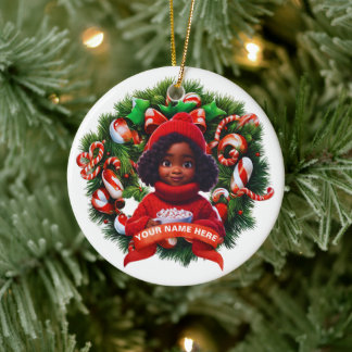 Afrikansk american Flicka-jul, HMarchmellows Julgransprydnad Keramik