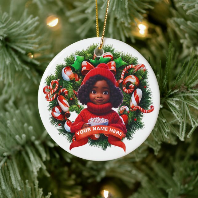 Afrikansk american Flicka-jul, HMarchmellows Julgransprydnad Keramik (Träd)