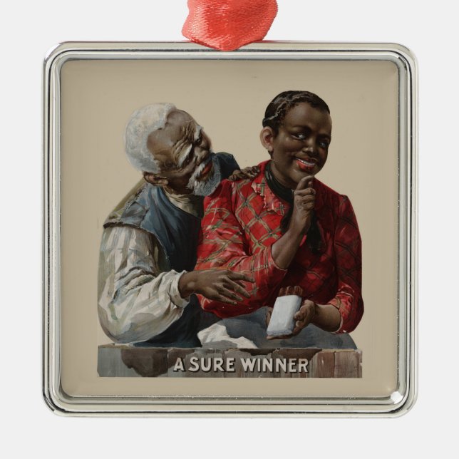 Afrikansk amerikan 1895 för vintagecigarrannons julgransprydnad metall (Framsidan)