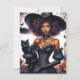Afrikansk amerikan Witch med svart katt Halloween Vykort