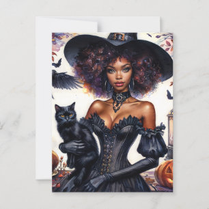 Afrikansk amerikan Witch med svart katt Halloween Vykort