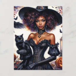Afrikansk amerikan Witch med svart katt Halloween Vykort